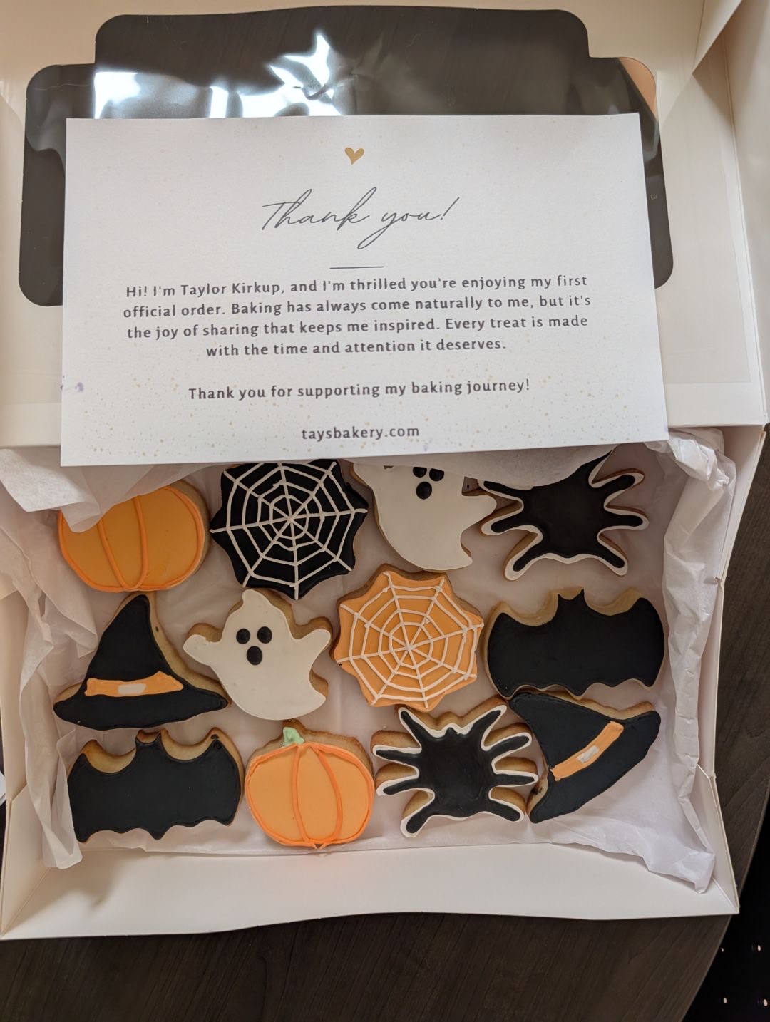 Halloween cookies in gift box with thank you card